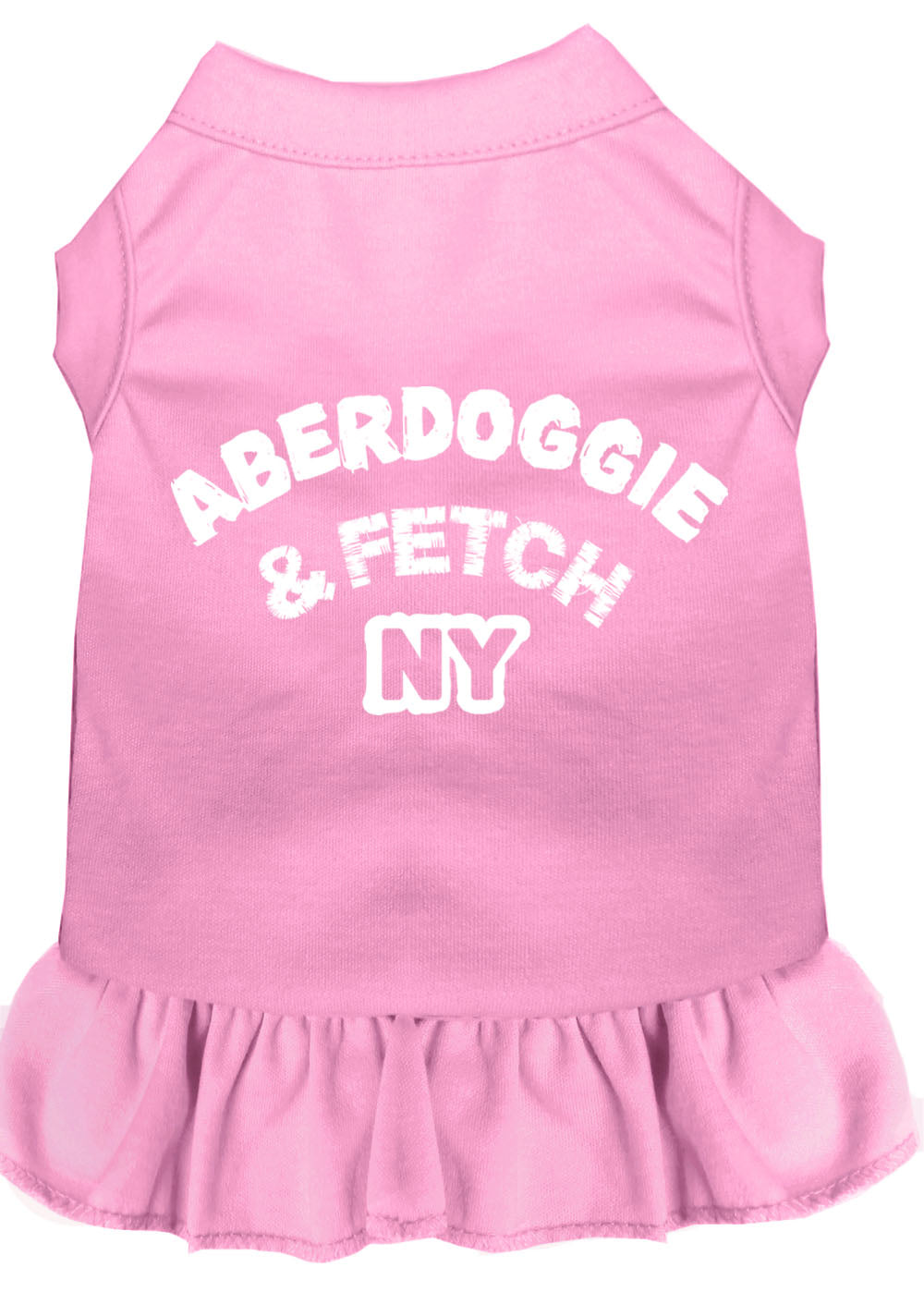 A stylish Aberdoggie dog dress featuring a cute ruffle design, made from soft poly/cotton blend fabric, perfect for small dogs.