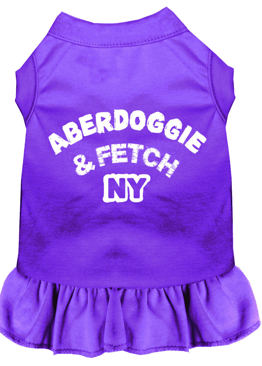A stylish Aberdoggie dog dress featuring a cute ruffle design, made from soft poly/cotton blend fabric, perfect for small dogs.
