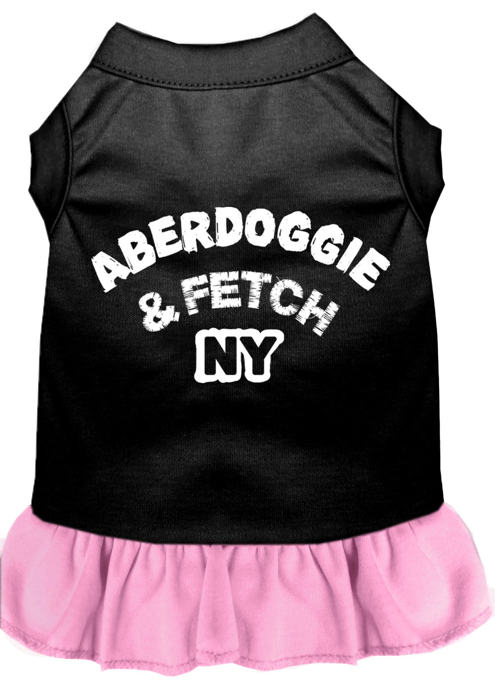 A stylish Aberdoggie dog dress featuring a cute ruffle design, made from soft poly/cotton blend fabric, perfect for small dogs.