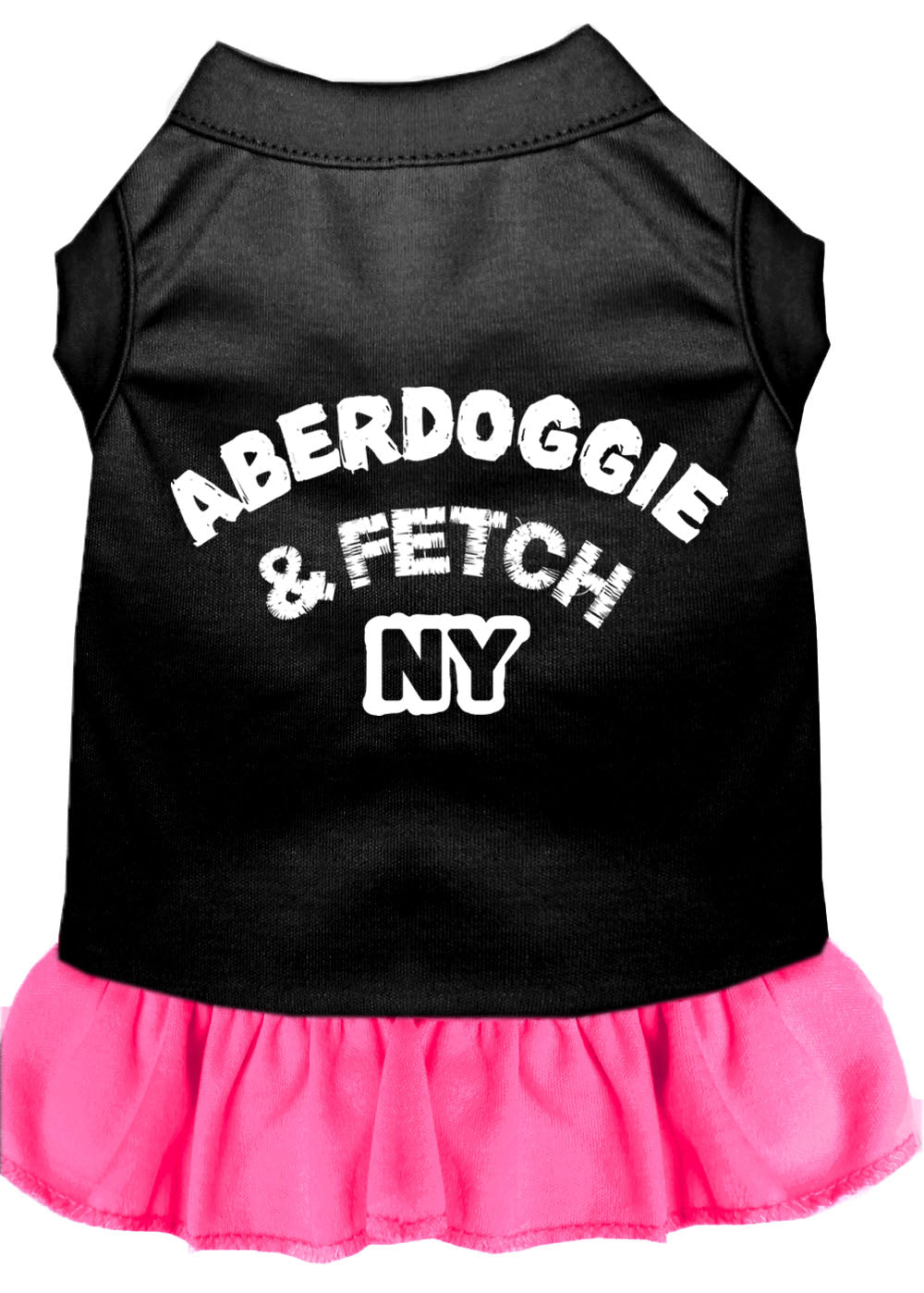 A stylish Aberdoggie dog dress featuring a cute ruffle design, made from soft poly/cotton blend fabric, perfect for small dogs.