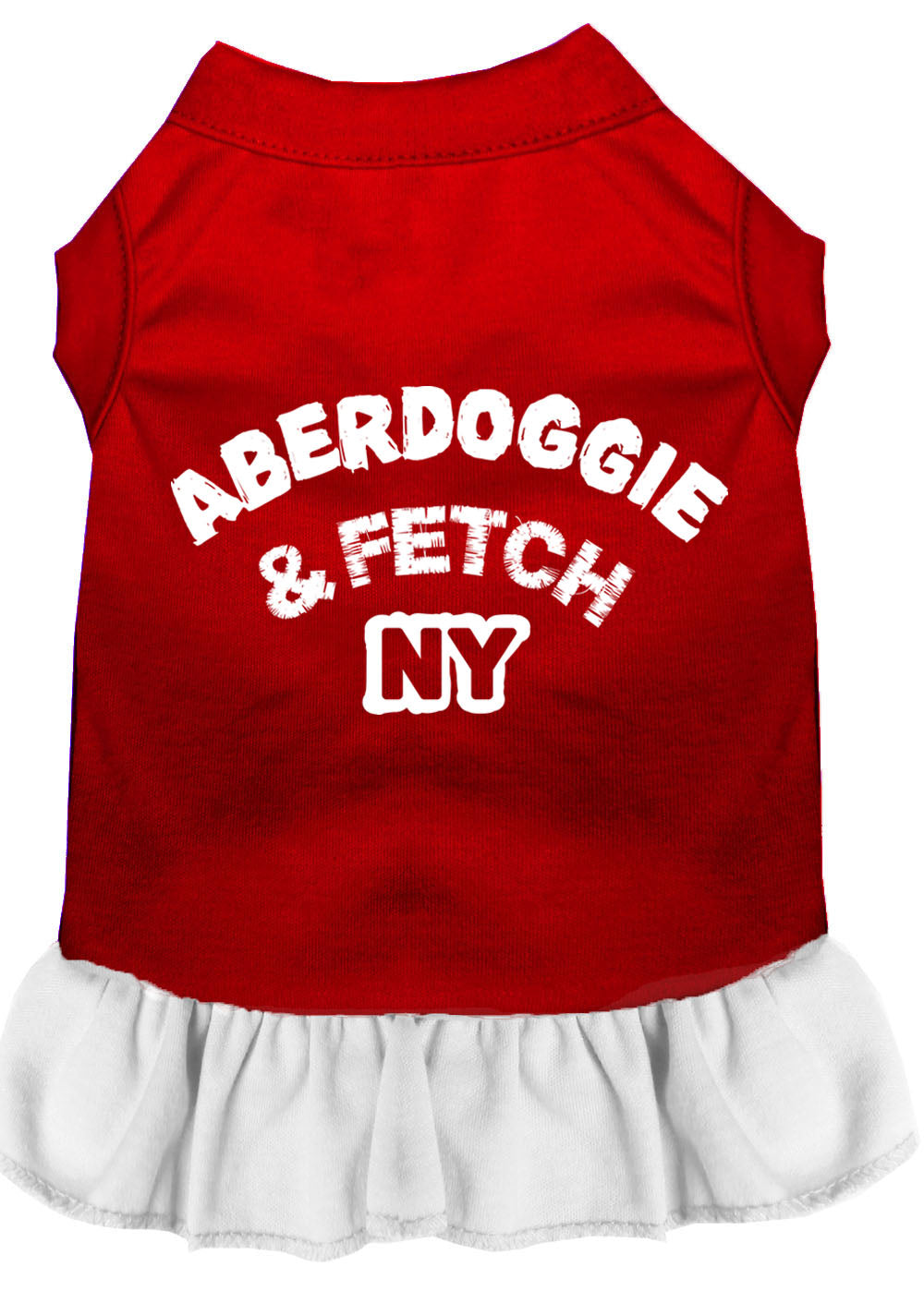 A stylish Aberdoggie dog dress featuring a cute ruffle design, made from soft poly/cotton blend fabric, perfect for small dogs.