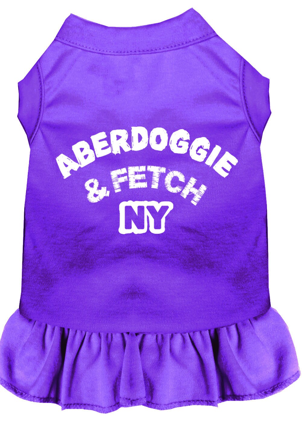A stylish Aberdoggie dog dress featuring a cute ruffle design, made from soft poly/cotton blend fabric, perfect for small dogs.
