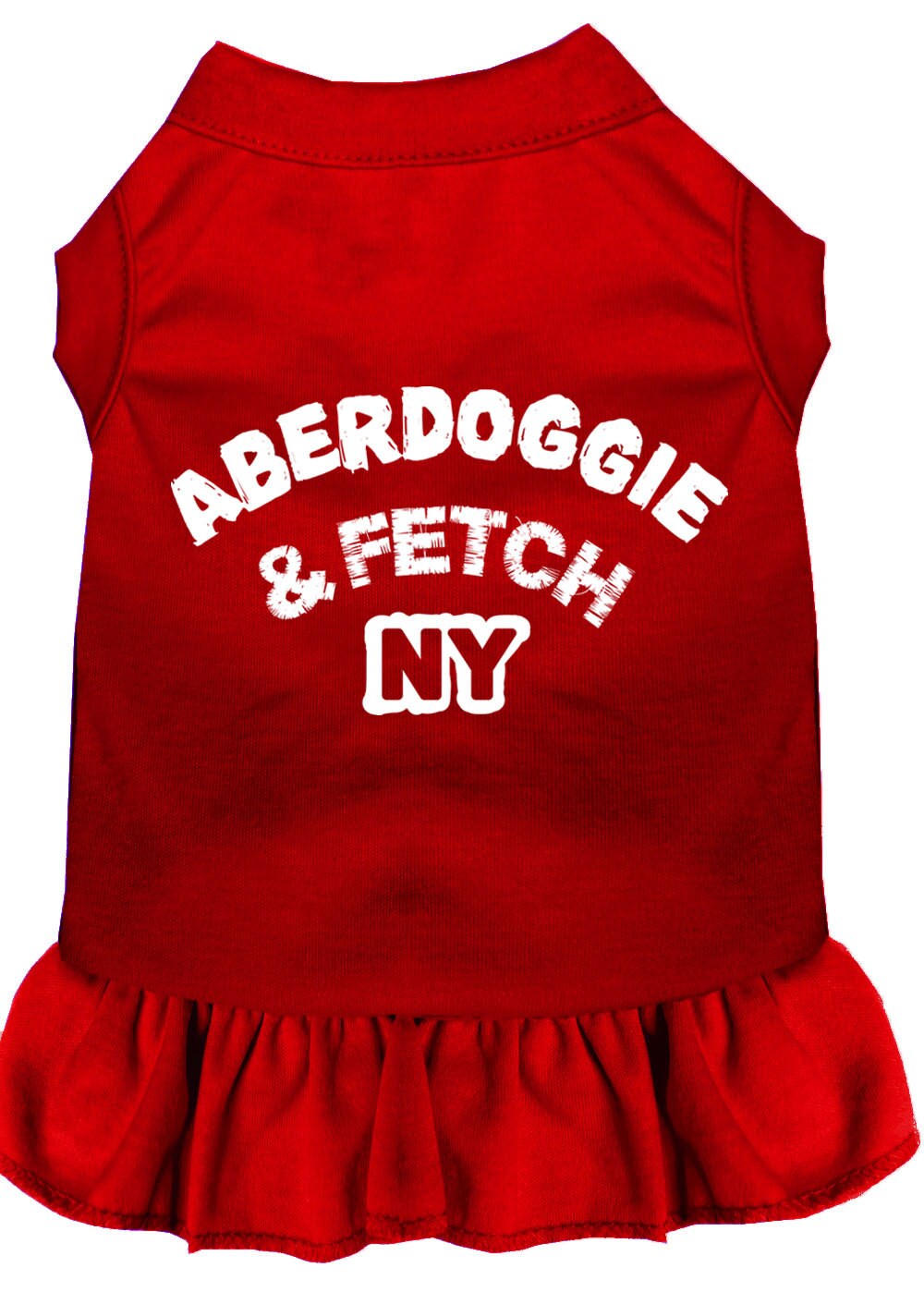 A stylish Aberdoggie dog dress featuring a cute ruffle design, made from soft poly/cotton blend fabric, perfect for small dogs.