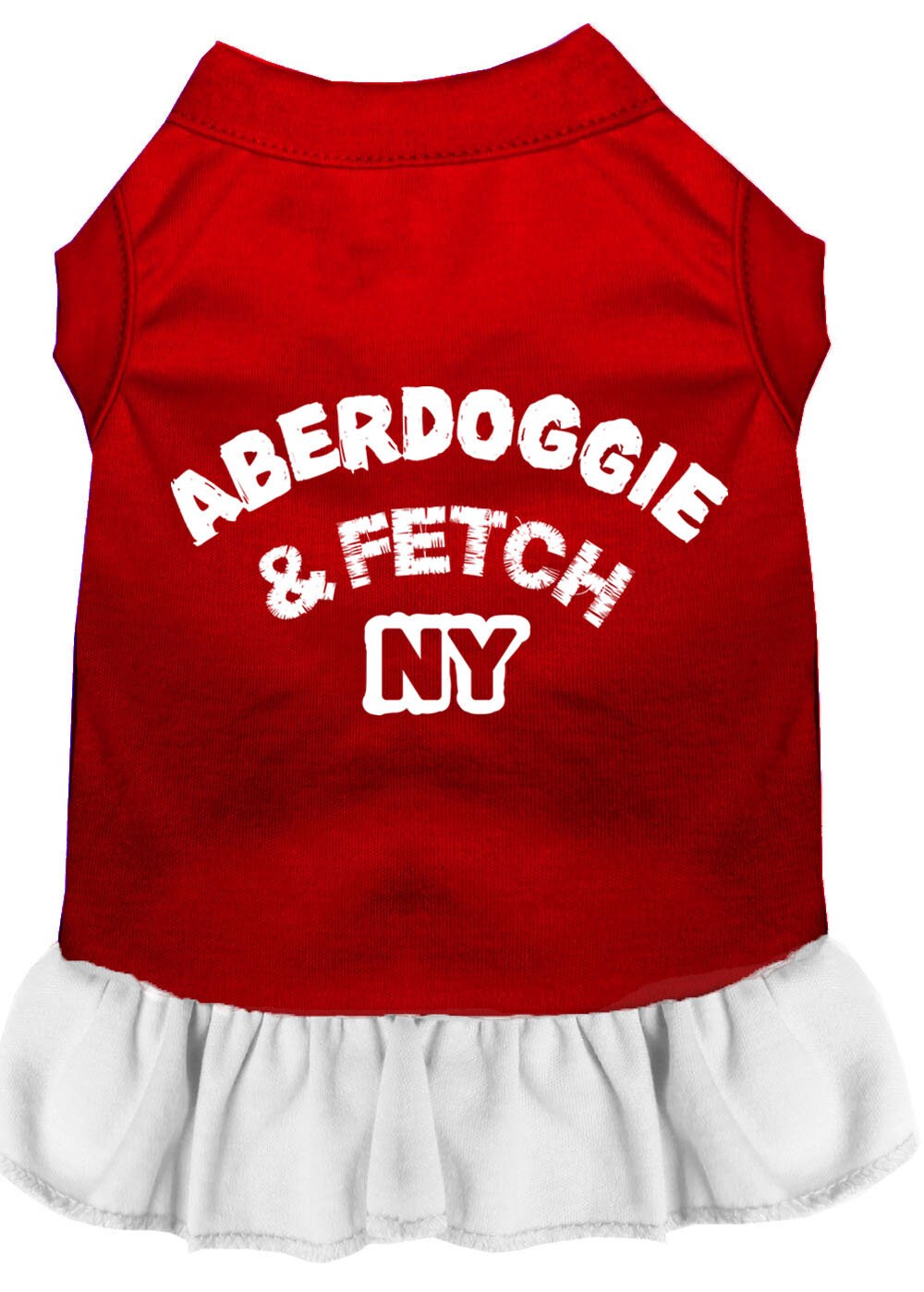 A stylish Aberdoggie dog dress featuring a cute ruffle design, made from soft poly/cotton blend fabric, perfect for small dogs.
