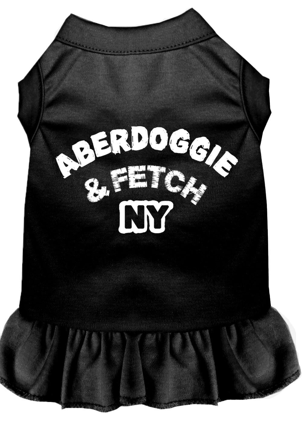 A stylish Aberdoggie dog dress featuring a cute ruffle design, made from soft poly/cotton blend fabric, perfect for small dogs.