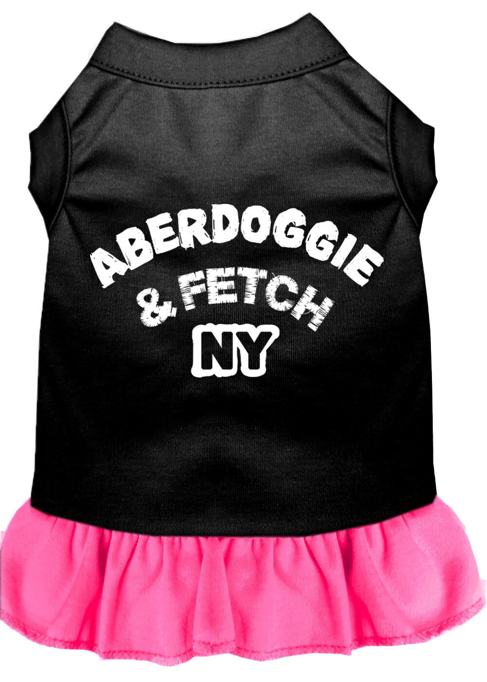A stylish Aberdoggie dog dress featuring a cute ruffle design, made from soft poly/cotton blend fabric, perfect for small dogs.