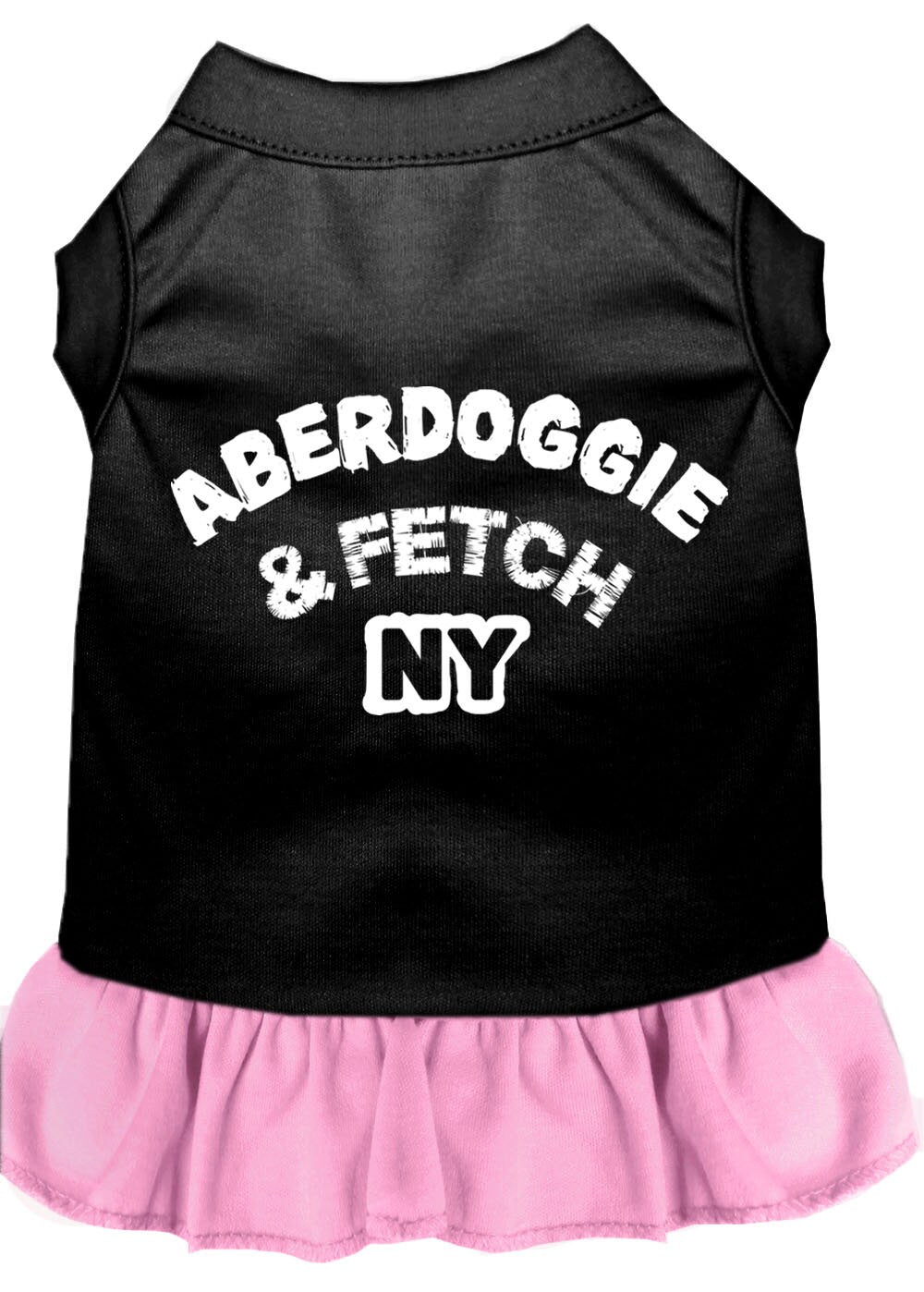 A stylish Aberdoggie dog dress featuring a cute ruffle design, made from soft poly/cotton blend fabric, perfect for small dogs.