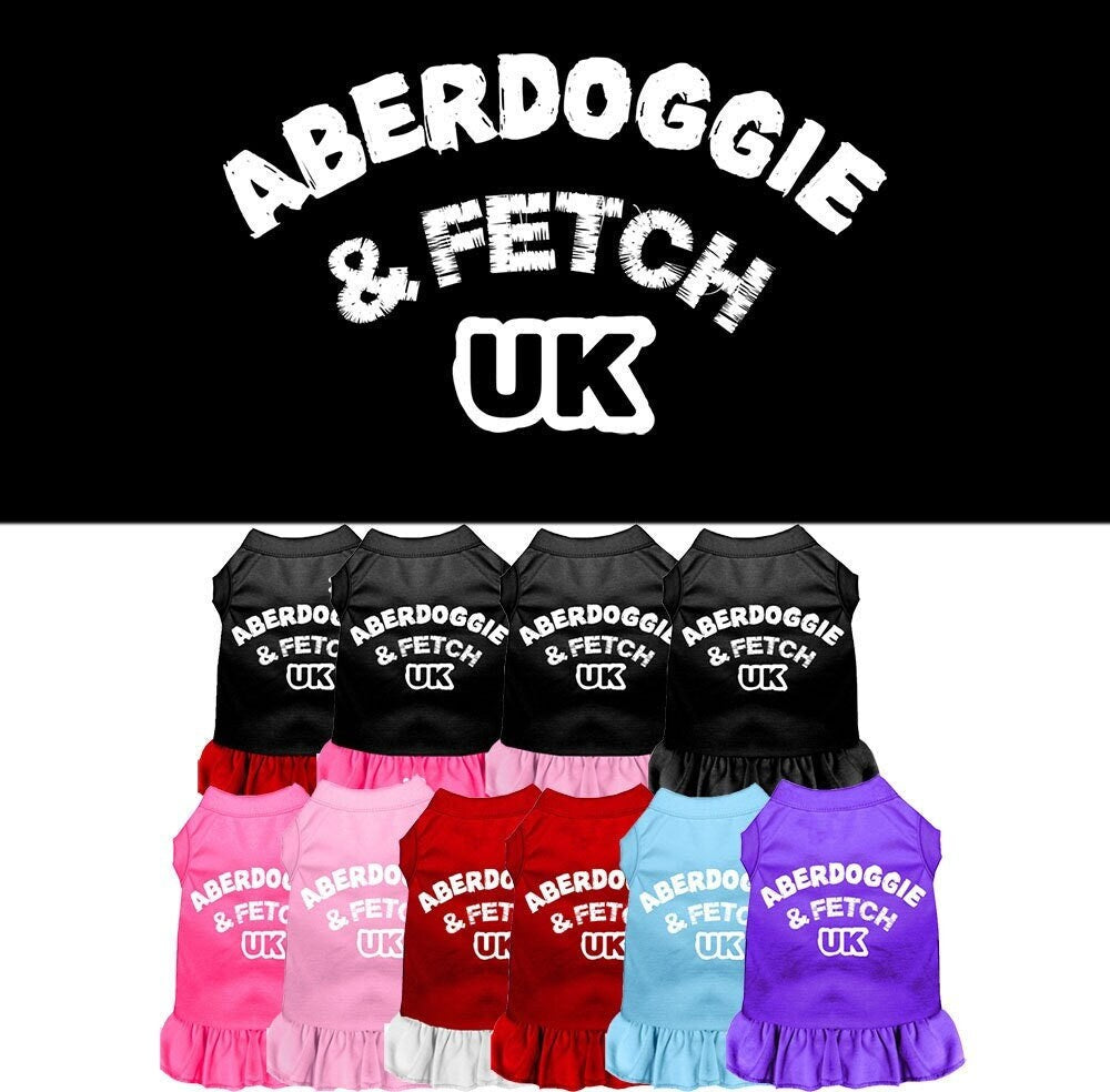 A cute Aberdoggie dog dress featuring a ruffled bottom, made from a soft cotton-polyester blend, perfect for stylish pets.