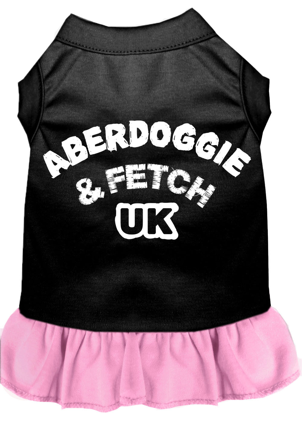 A cute Aberdoggie dog dress featuring a ruffled bottom, made from a soft cotton-polyester blend, perfect for stylish pets.