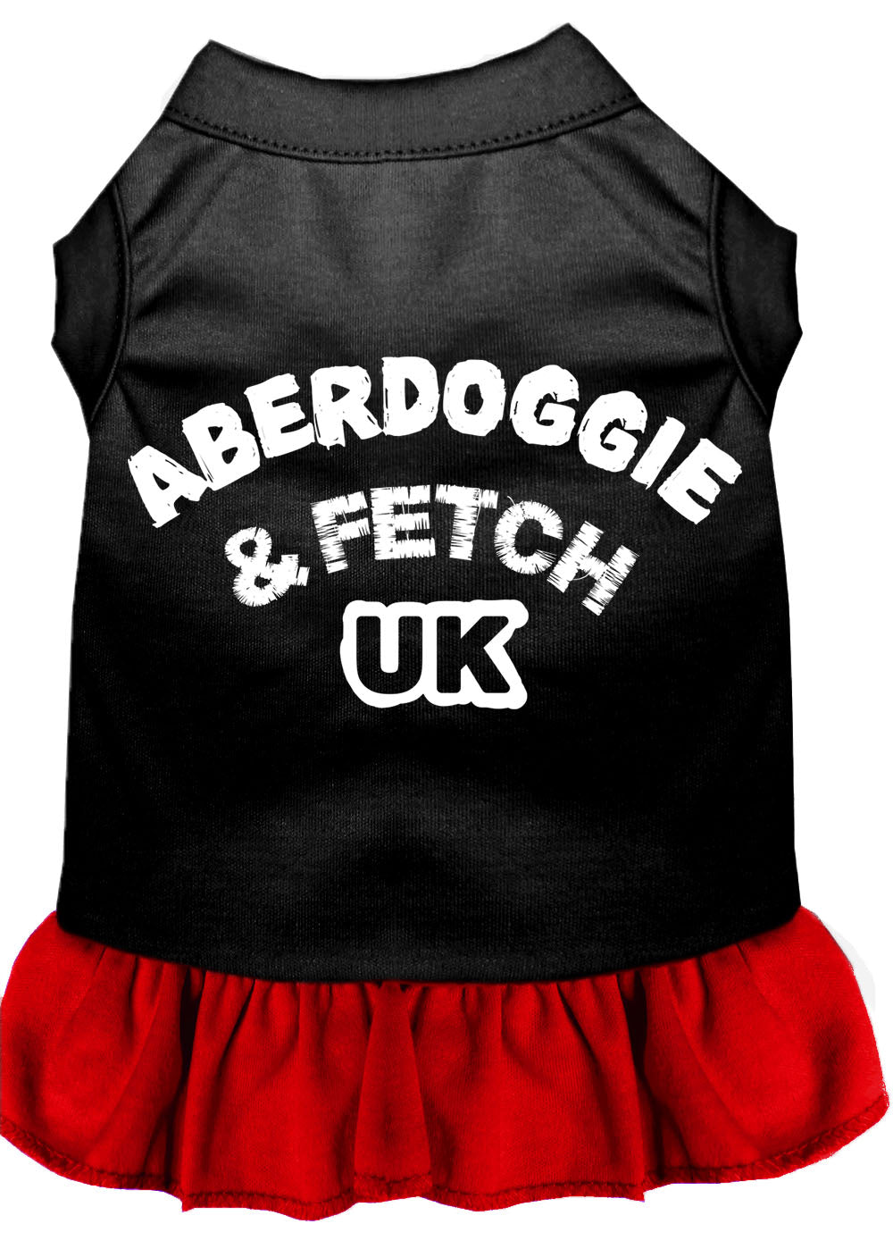 A cute Aberdoggie dog dress featuring a ruffled bottom, made from a soft cotton-polyester blend, perfect for stylish pets.