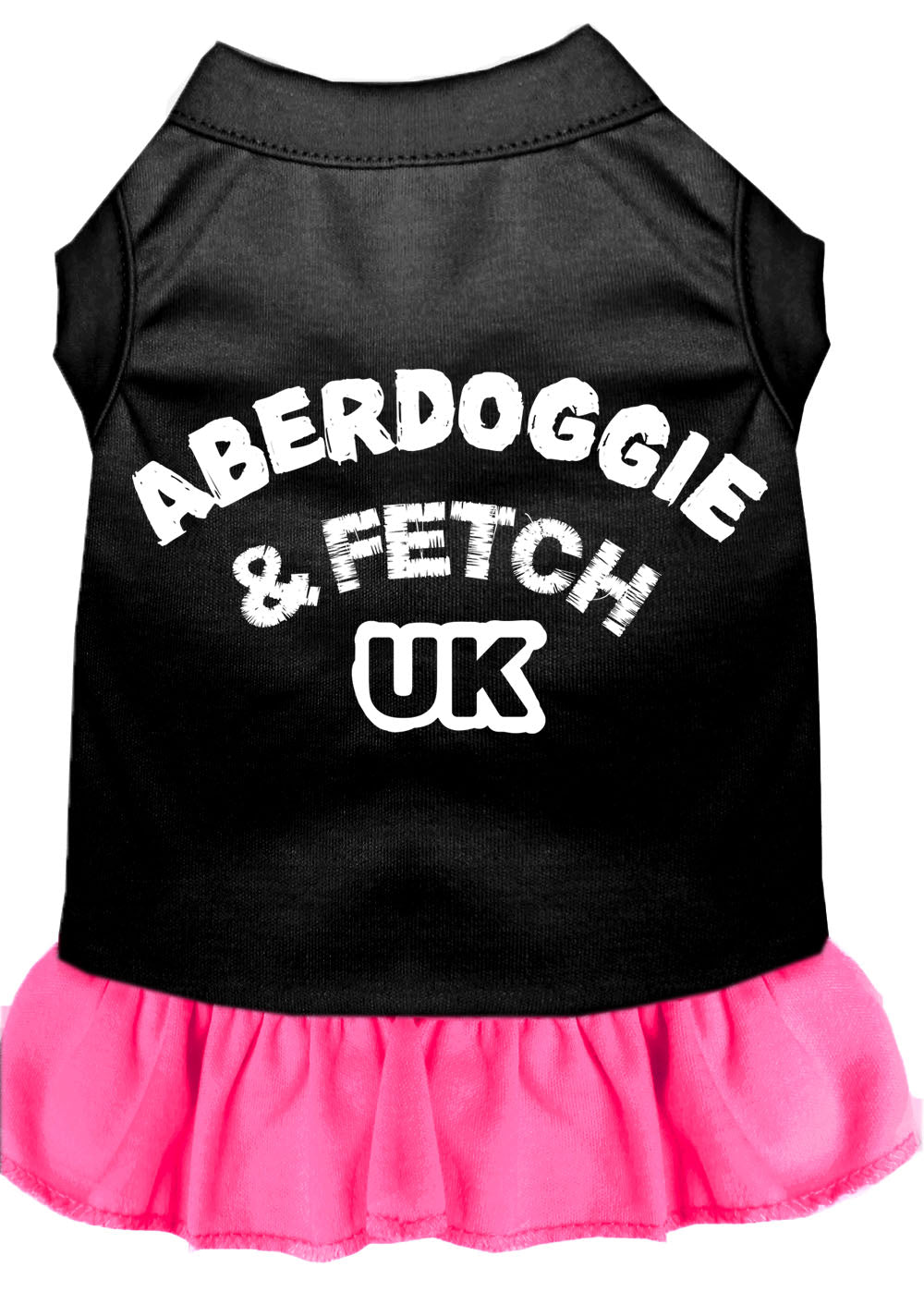 A cute Aberdoggie dog dress featuring a ruffled bottom, made from a soft cotton-polyester blend, perfect for stylish pets.