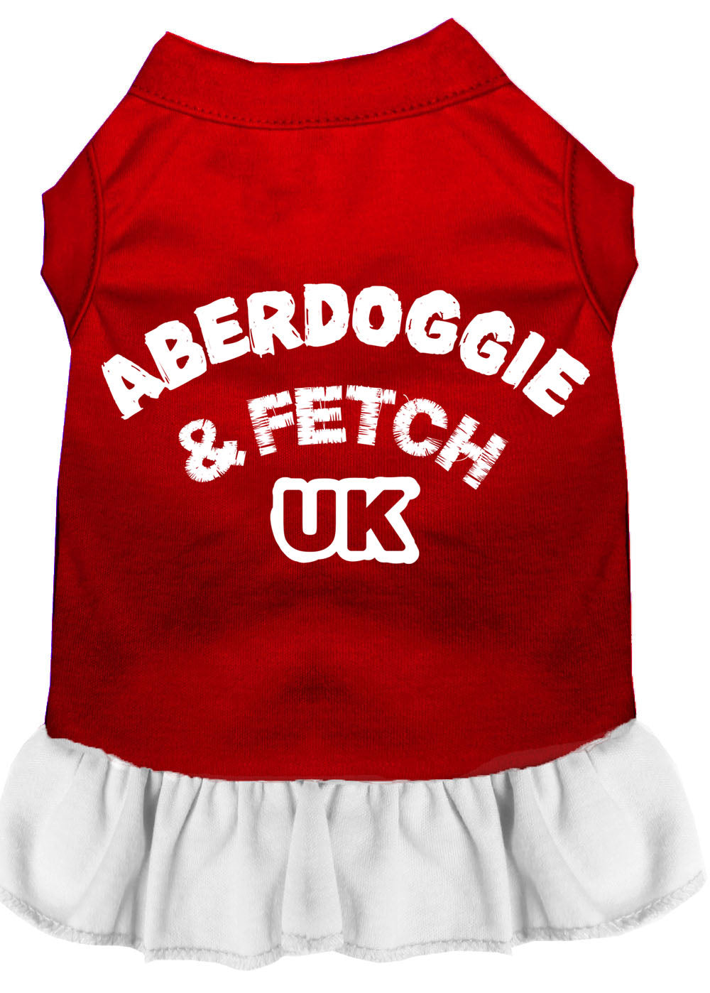 A cute Aberdoggie dog dress featuring a ruffled bottom, made from a soft cotton-polyester blend, perfect for stylish pets.