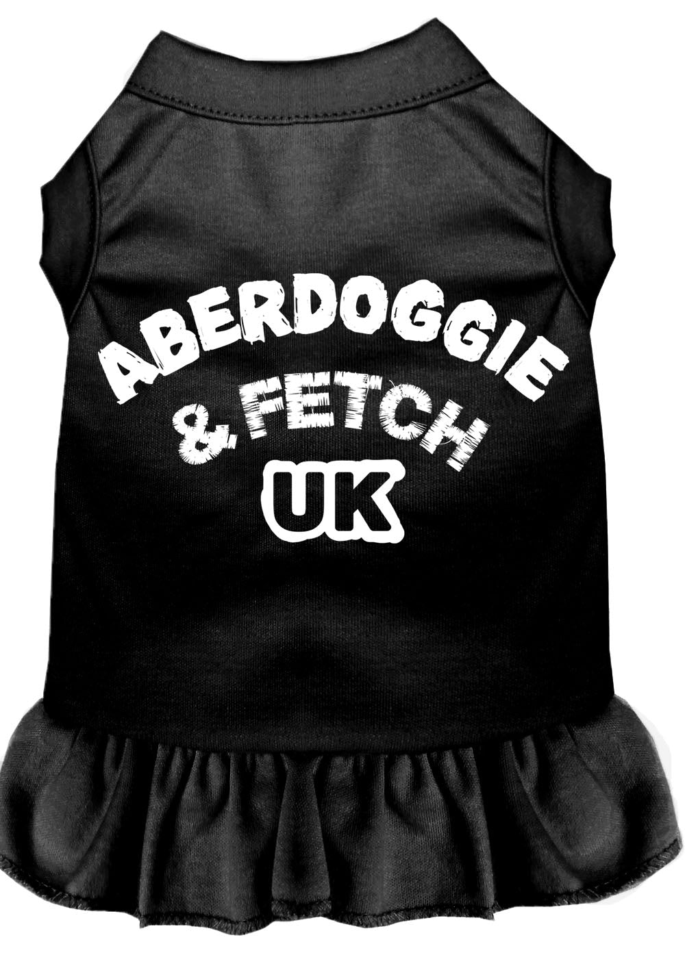 A cute Aberdoggie dog dress featuring a ruffled bottom, made from a soft cotton-polyester blend, perfect for stylish pets.