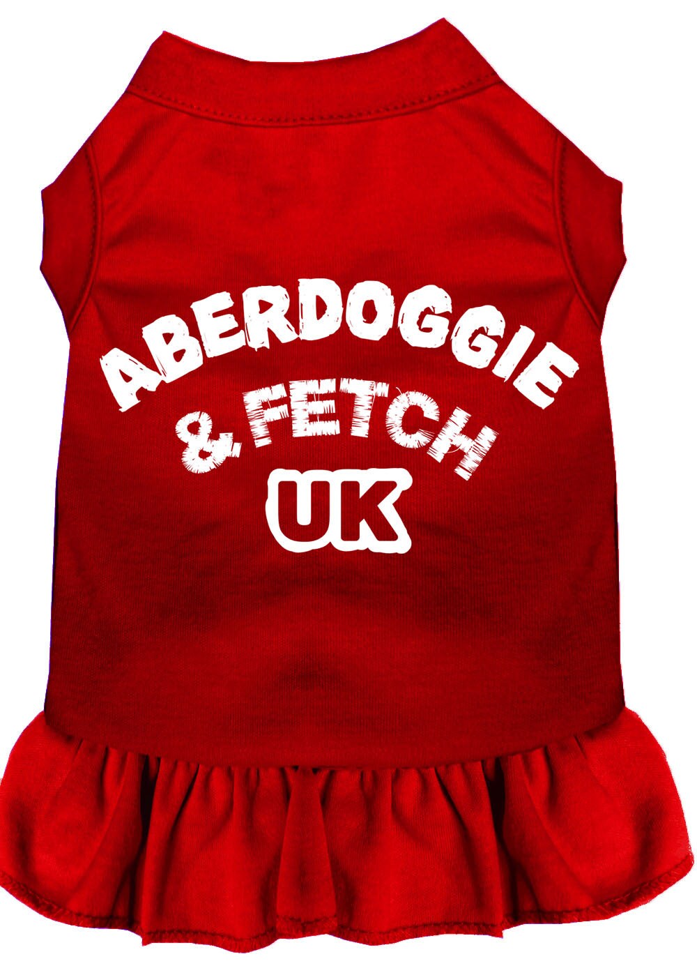 A cute Aberdoggie dog dress featuring a ruffled bottom, made from a soft cotton-polyester blend, perfect for stylish pets.