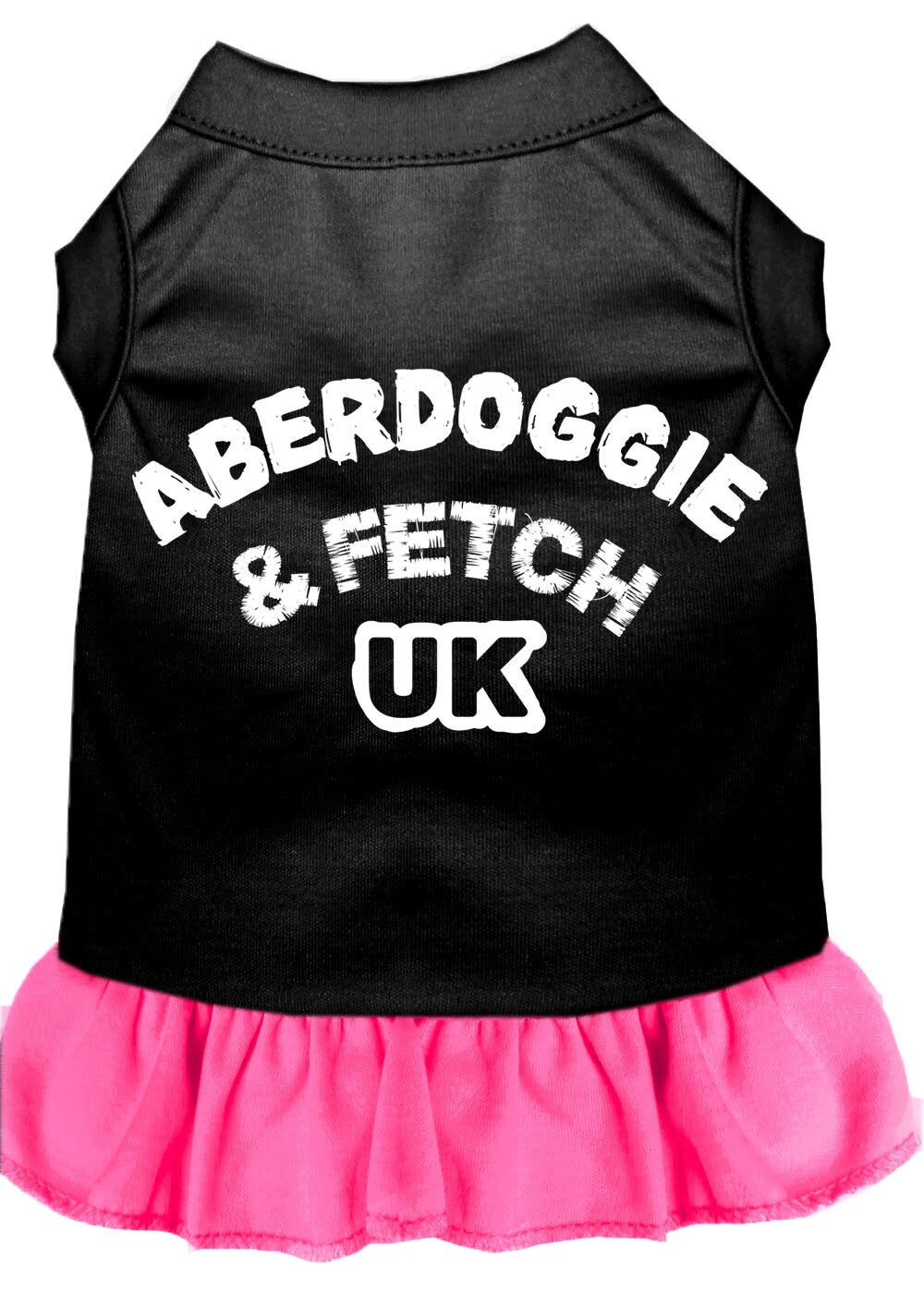 A cute Aberdoggie dog dress featuring a ruffled bottom, made from a soft cotton-polyester blend, perfect for stylish pets.