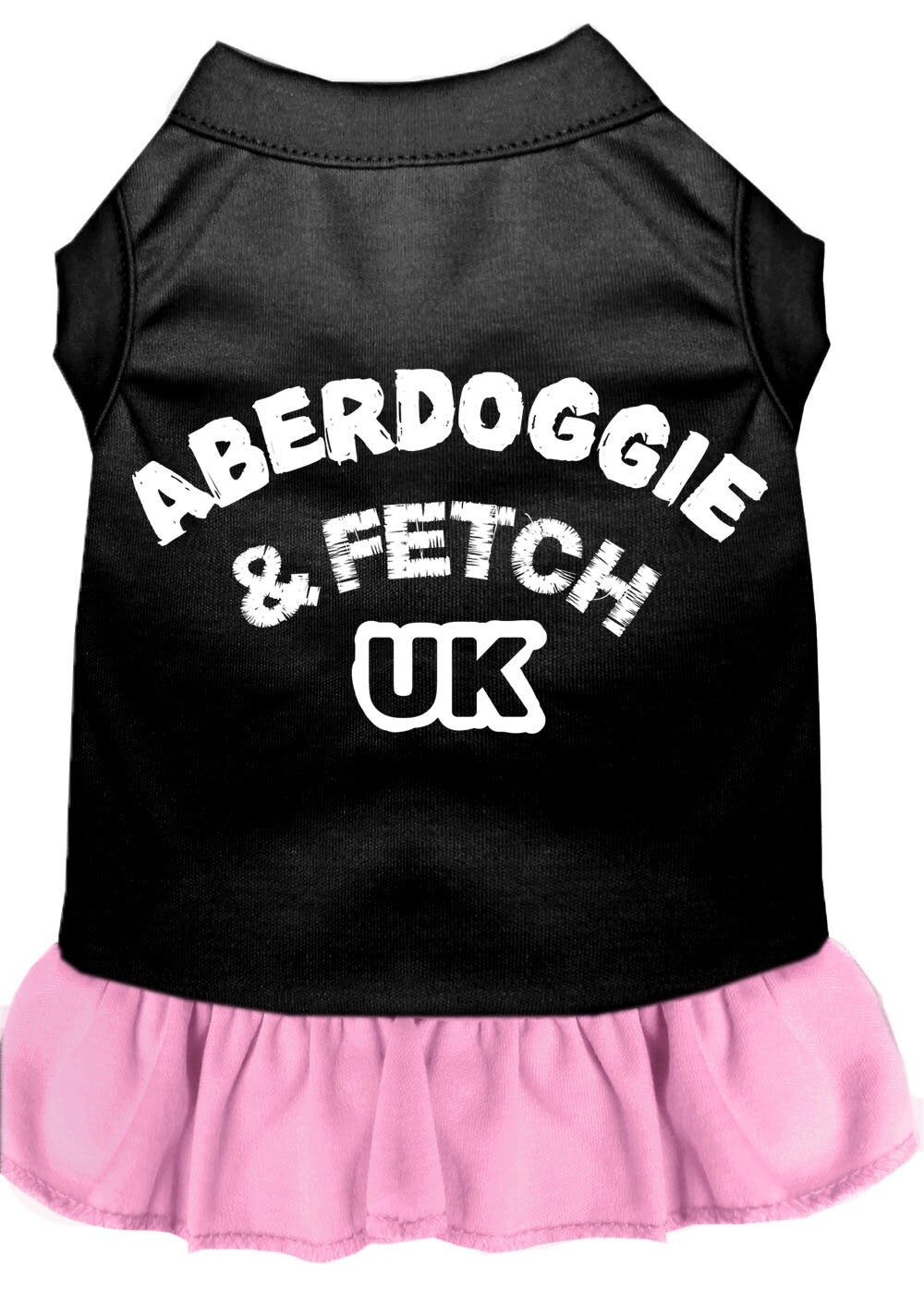 A cute Aberdoggie dog dress featuring a ruffled bottom, made from a soft cotton-polyester blend, perfect for stylish pets.