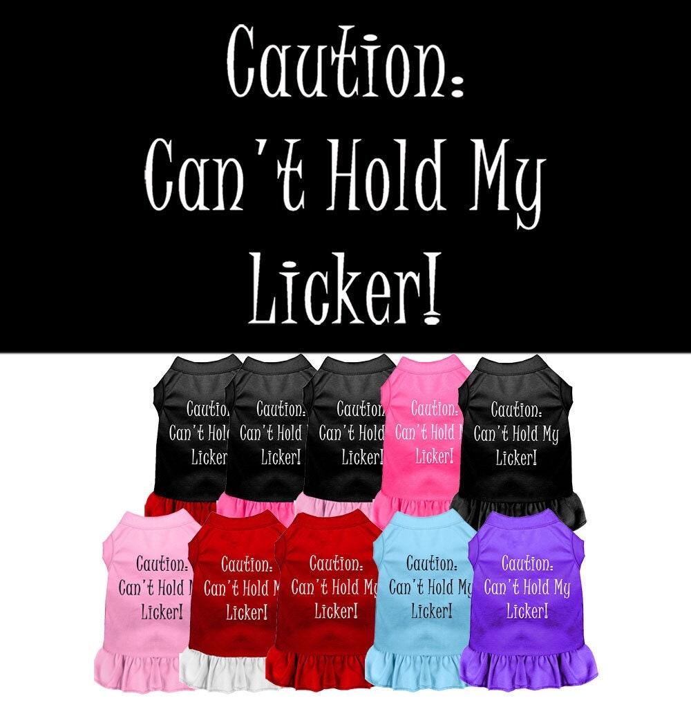 A cute dog wearing a 'Can't Hold My Licker' dress, showcasing its playful design and comfortable fit.