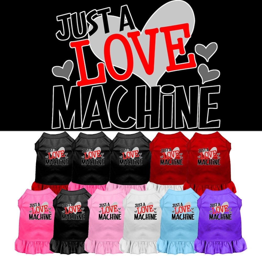 A cute dog dress featuring the phrase 'Just A Love Machine', made from soft cotton and polyester blend, perfect for pets.