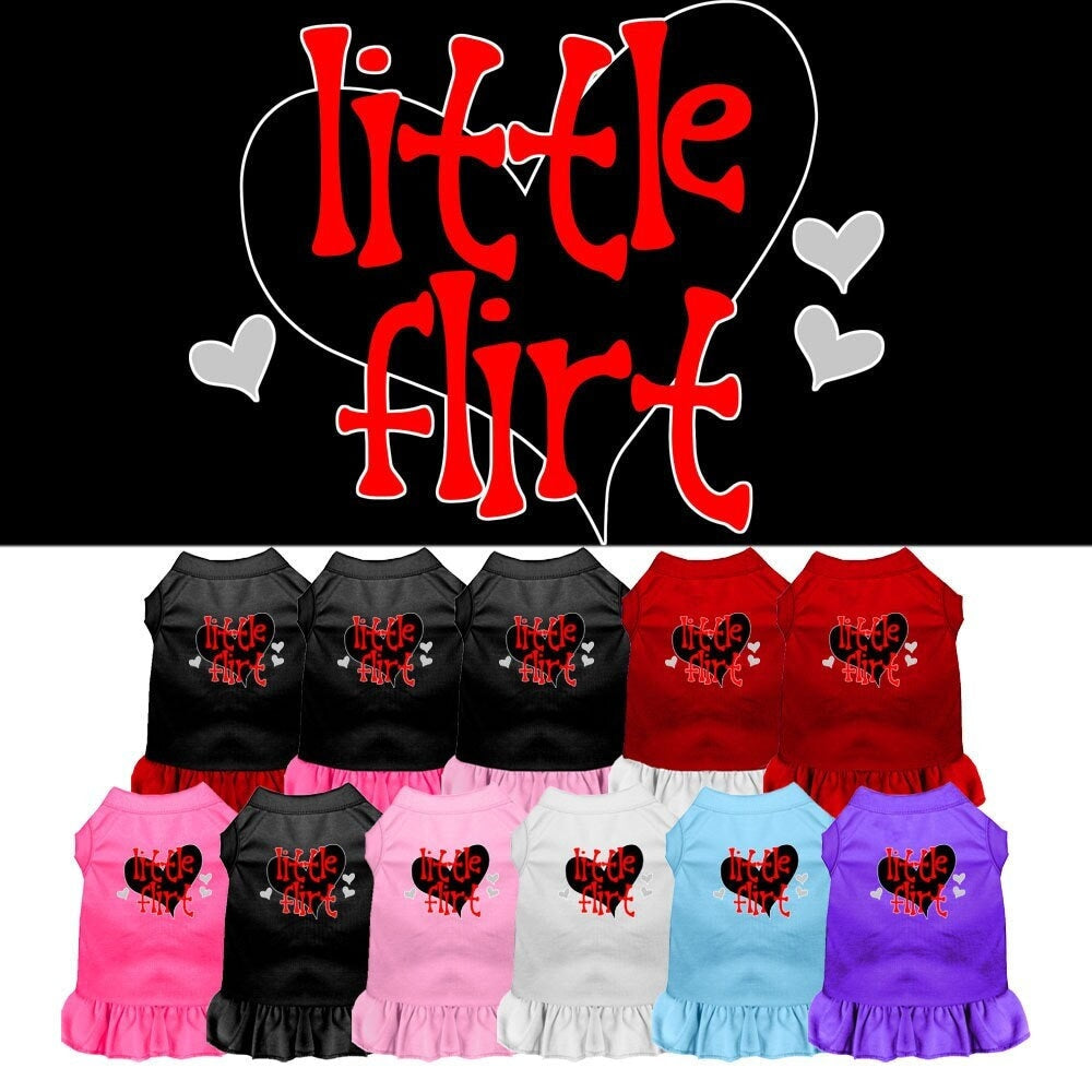 A cute dog wearing a 'Little Flirt' dress, showcasing its soft fabric and stylish design, perfect for pets.