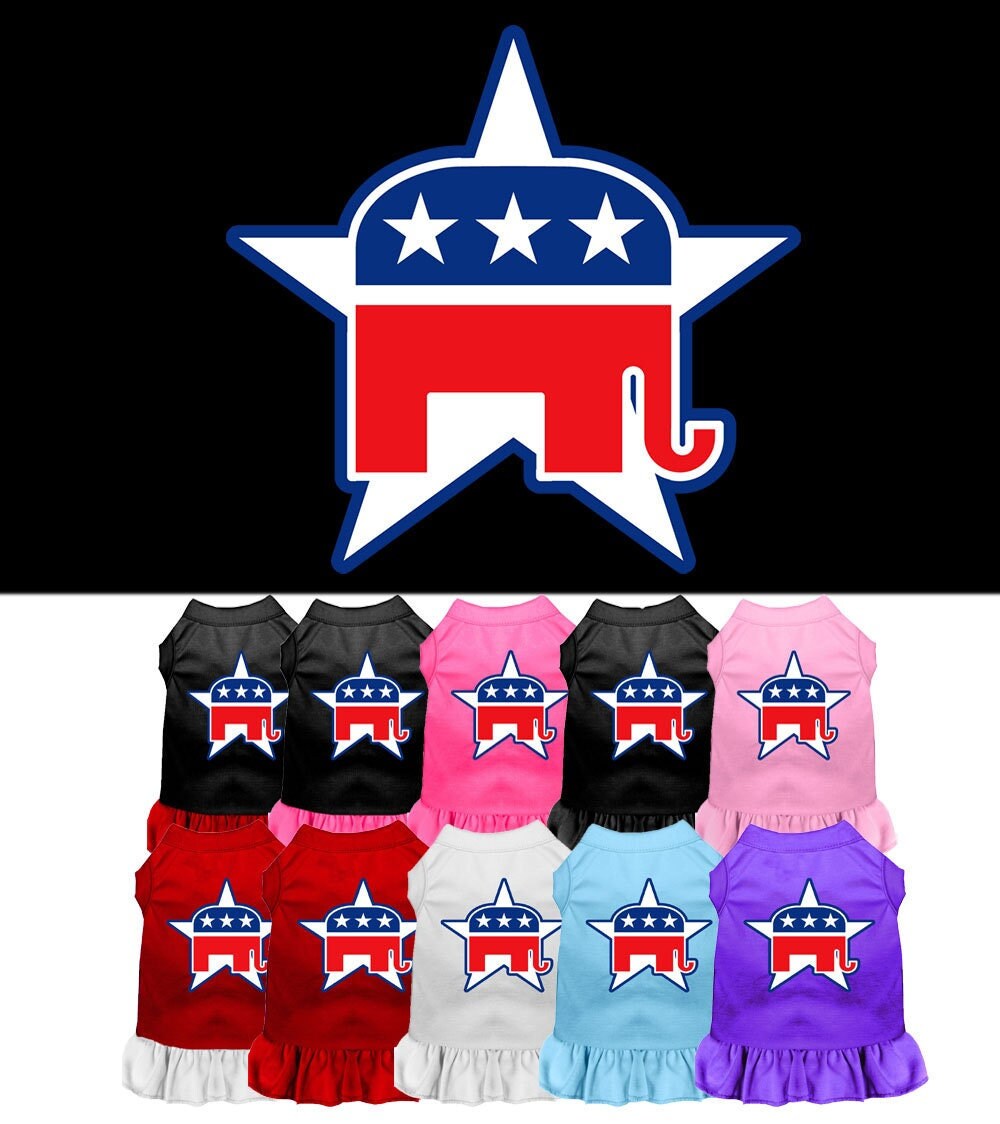 A cute Republican-themed dog dress featuring a screen-printed design, made from soft cotton and polyester blend, suitable for dogs and cats.