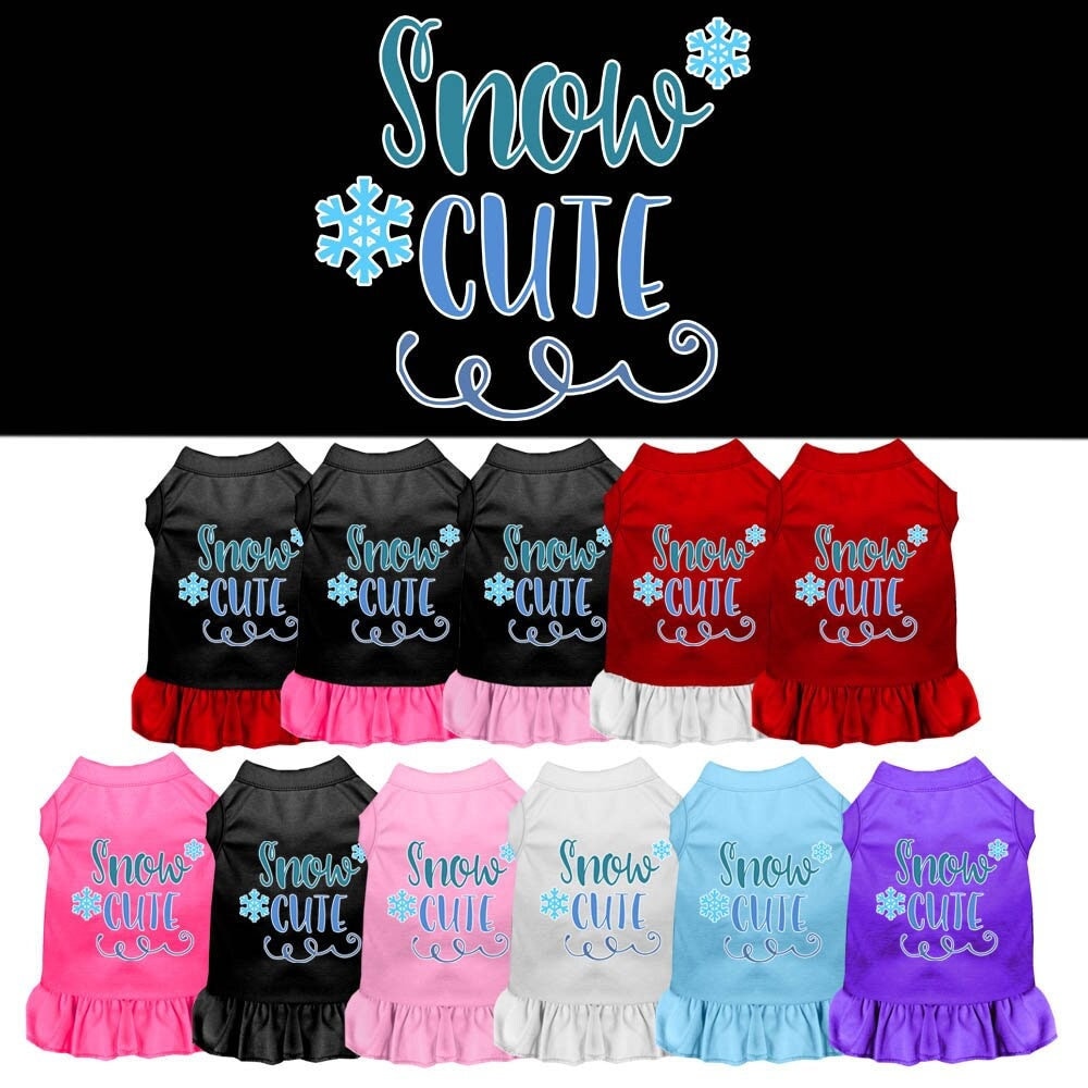 A cute dog wearing a 'Snow Cute' dress, showcasing a playful screen-printed design with vibrant colors, perfect for pets.