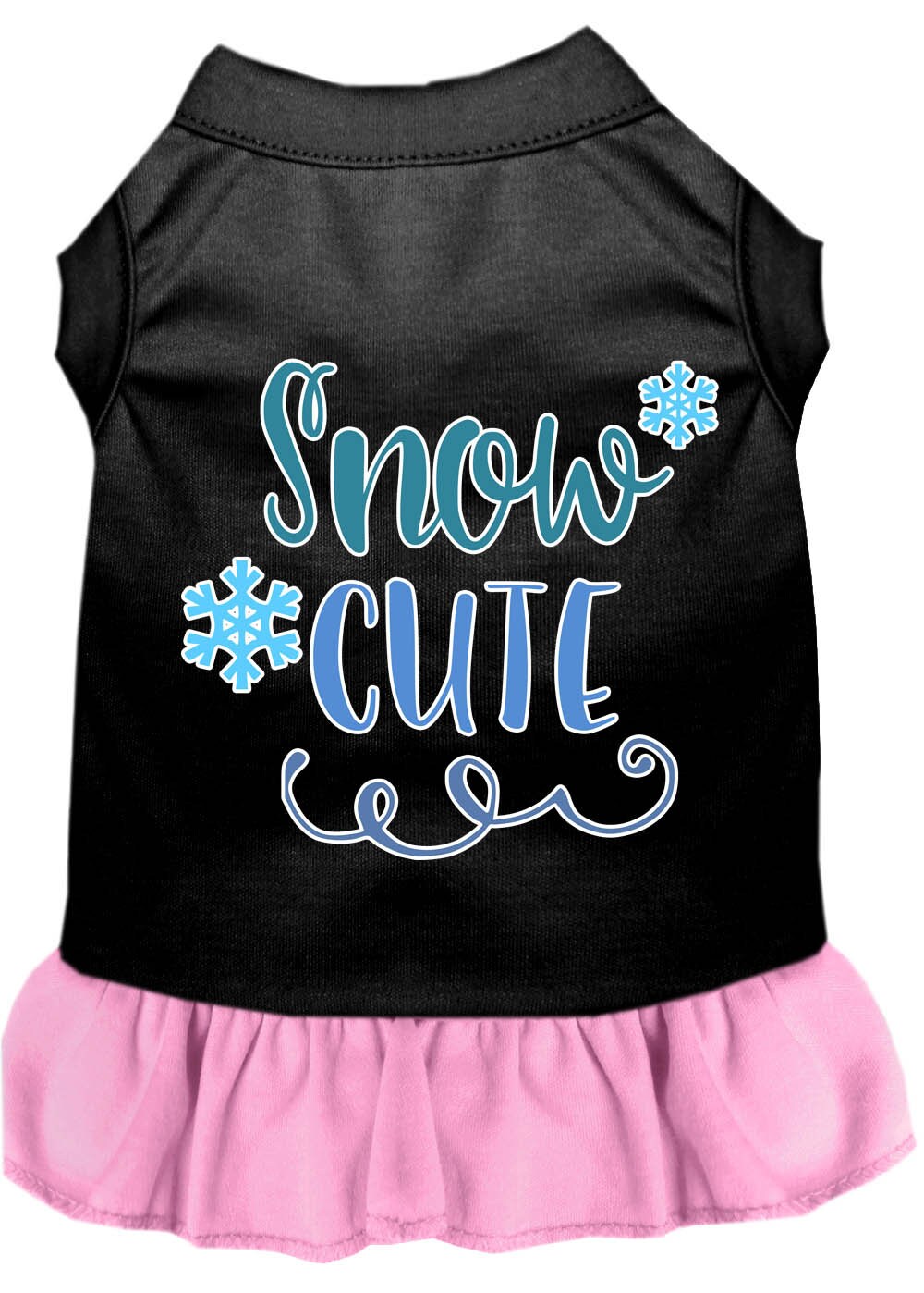A cute dog wearing a 'Snow Cute' dress, showcasing a playful screen-printed design with vibrant colors, perfect for pets.