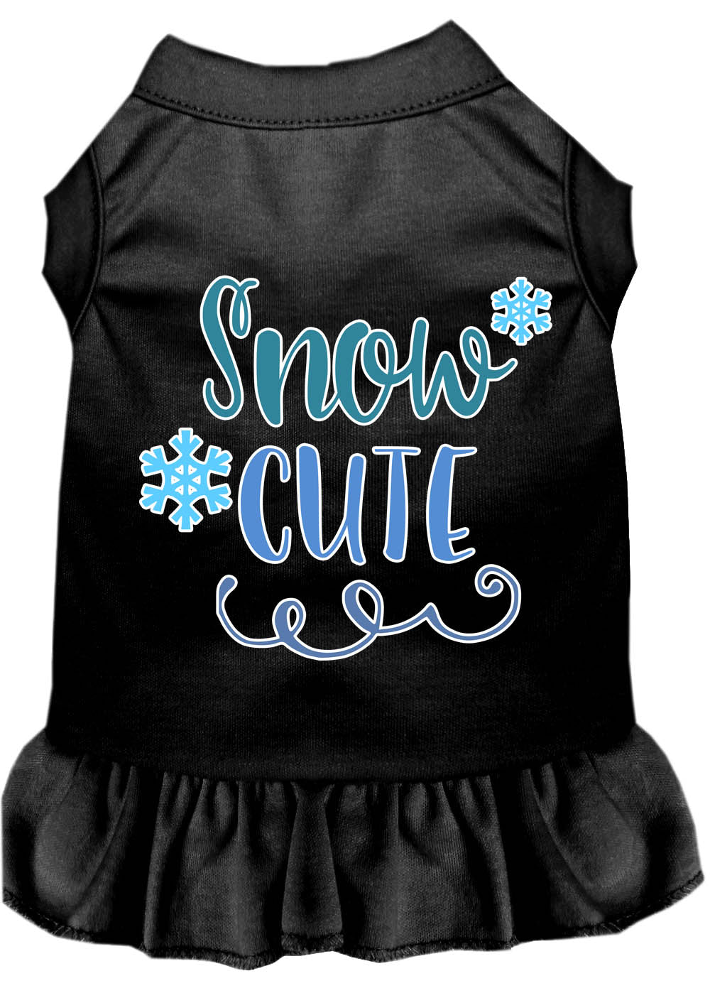A cute dog wearing a 'Snow Cute' dress, showcasing a playful screen-printed design with vibrant colors, perfect for pets.