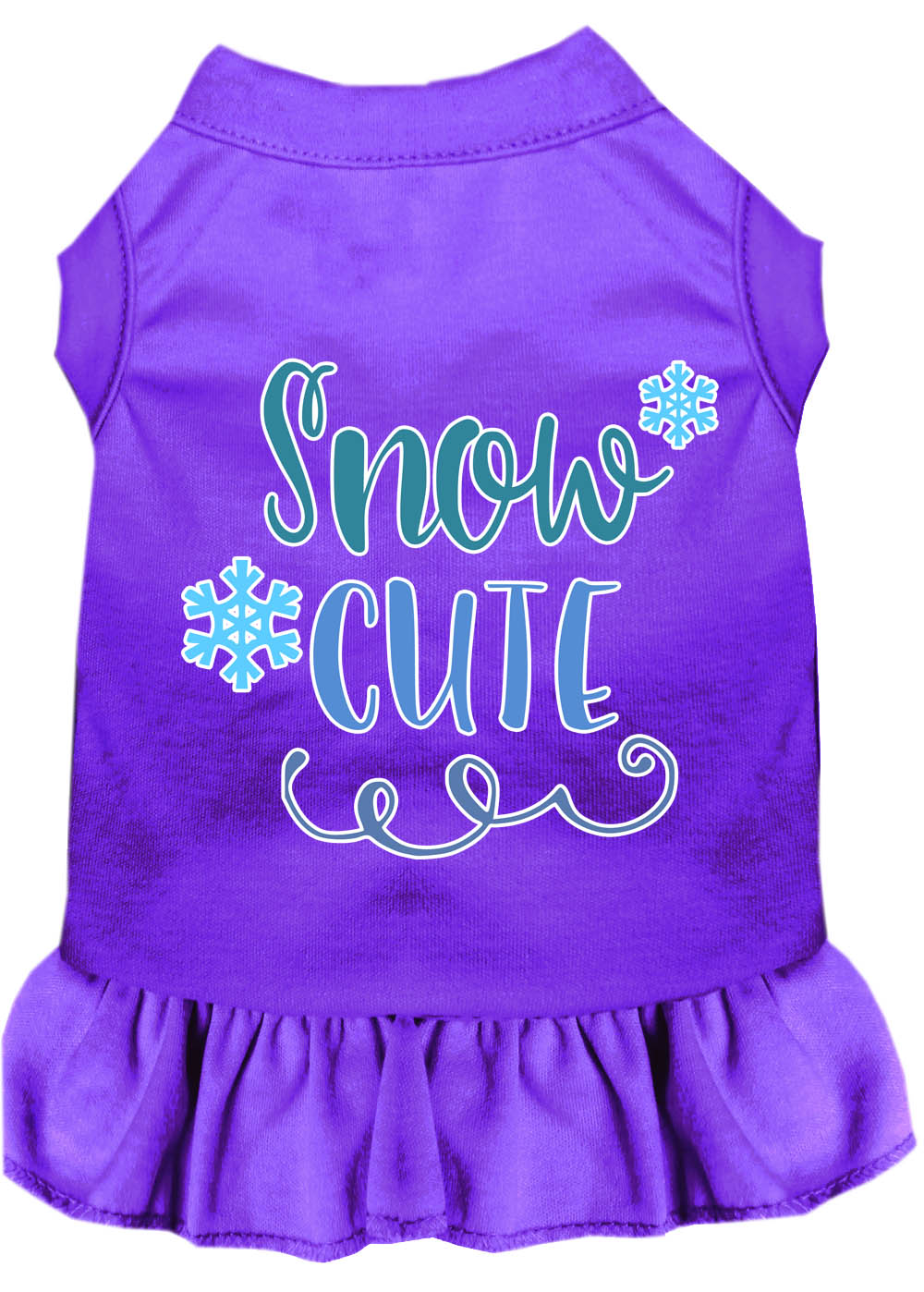 A cute dog wearing a 'Snow Cute' dress, showcasing a playful screen-printed design with vibrant colors, perfect for pets.