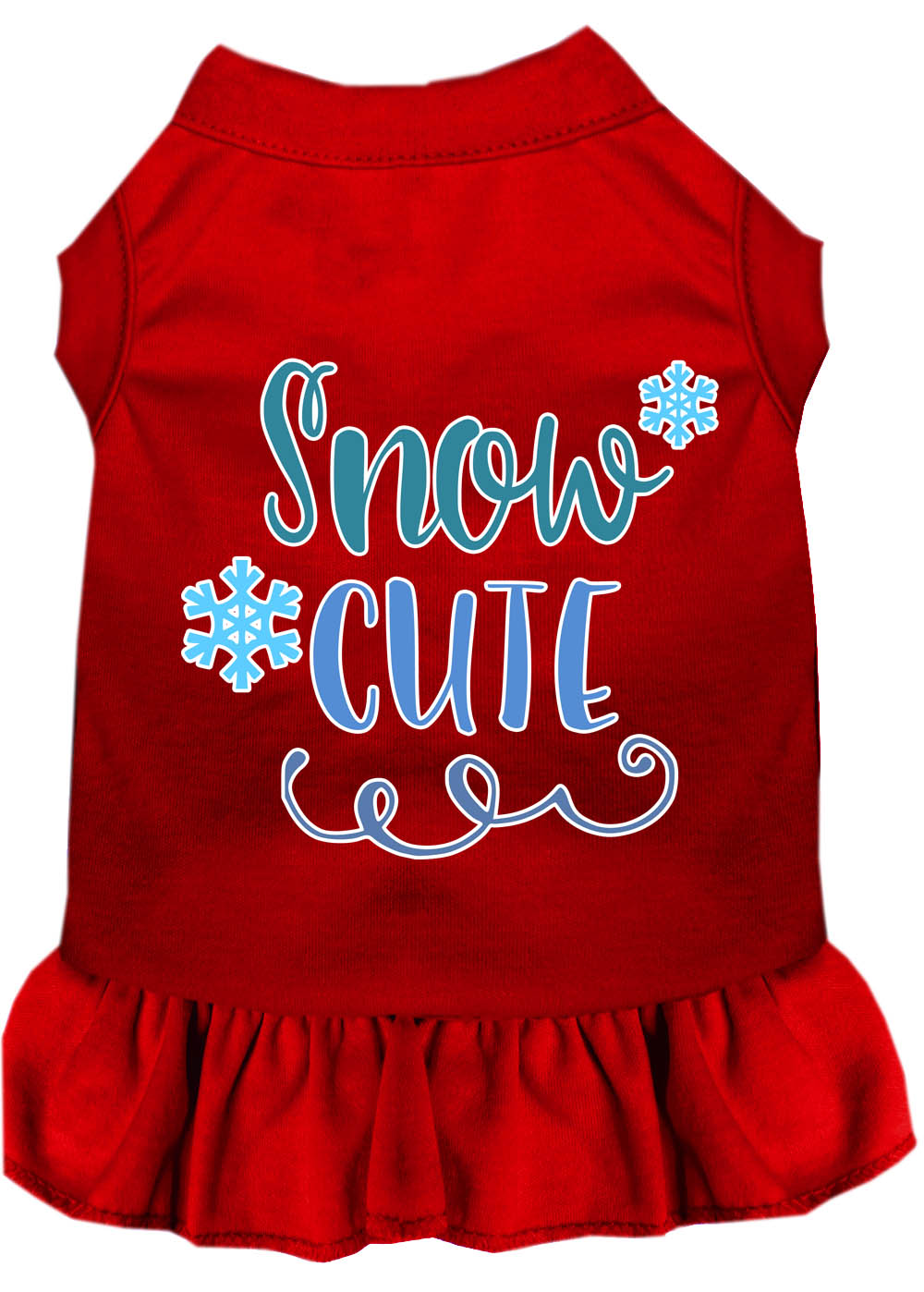 A cute dog wearing a 'Snow Cute' dress, showcasing a playful screen-printed design with vibrant colors, perfect for pets.