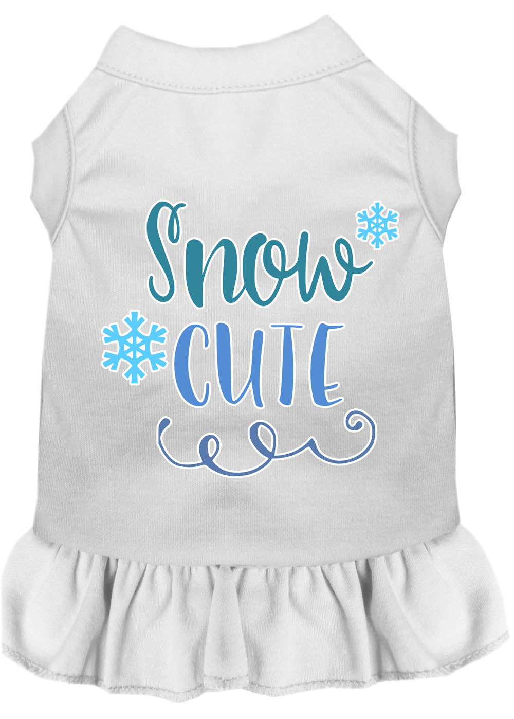 A cute dog wearing a 'Snow Cute' dress, showcasing a playful screen-printed design with vibrant colors, perfect for pets.