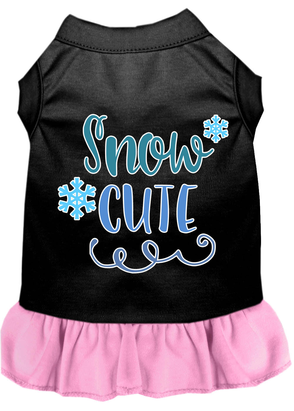 A cute dog wearing a 'Snow Cute' dress, showcasing a playful screen-printed design with vibrant colors, perfect for pets.