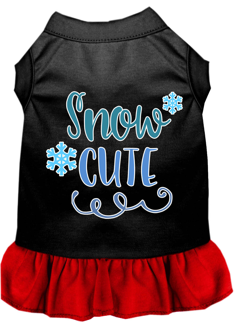 A cute dog wearing a 'Snow Cute' dress, showcasing a playful screen-printed design with vibrant colors, perfect for pets.