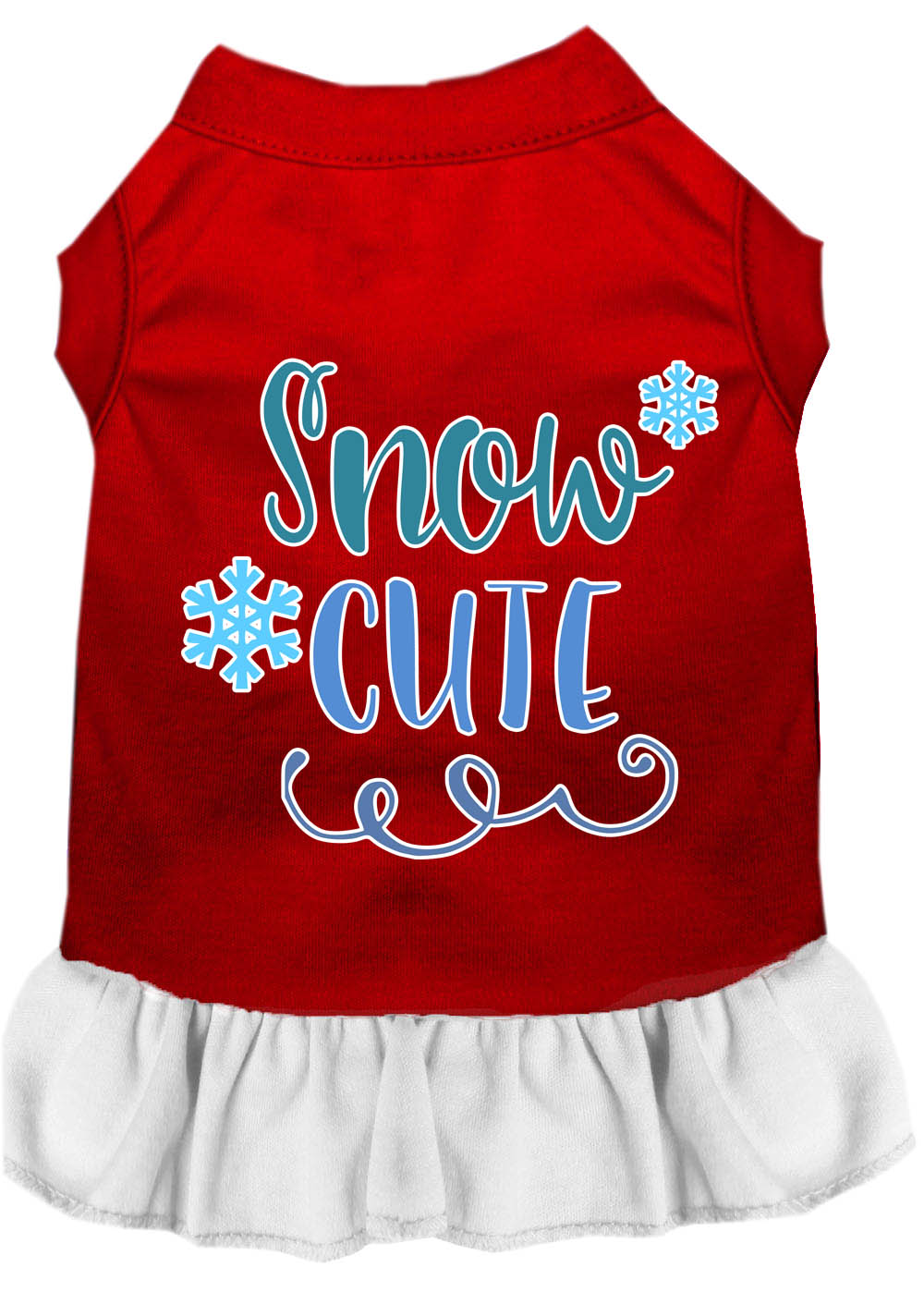 A cute dog wearing a 'Snow Cute' dress, showcasing a playful screen-printed design with vibrant colors, perfect for pets.