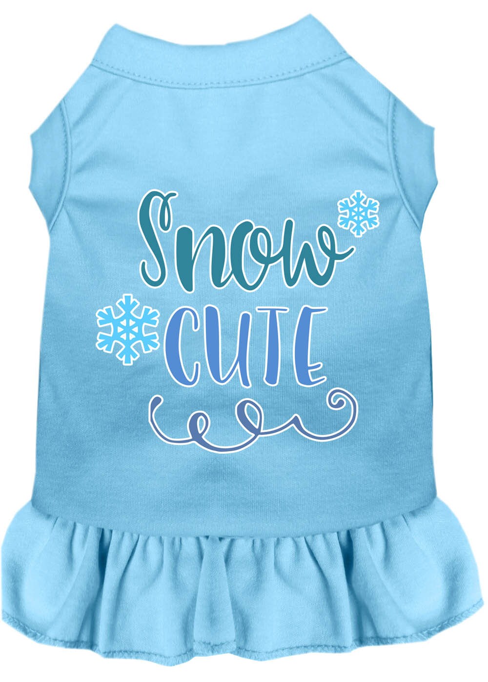 A cute dog wearing a 'Snow Cute' dress, showcasing a playful screen-printed design with vibrant colors, perfect for pets.