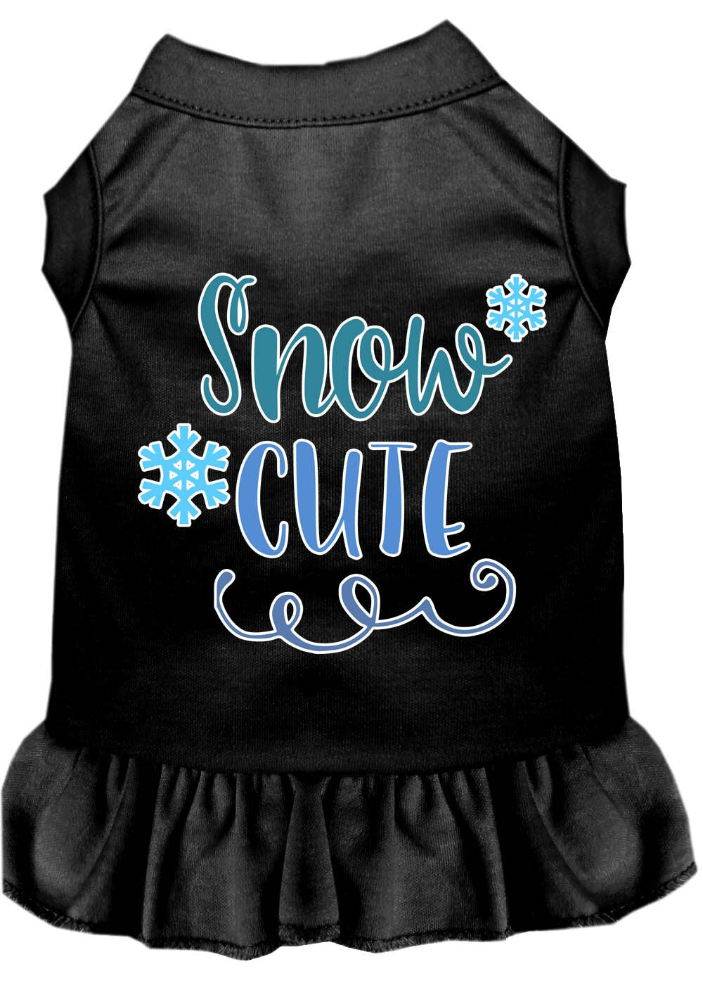 A cute dog wearing a 'Snow Cute' dress, showcasing a playful screen-printed design with vibrant colors, perfect for pets.