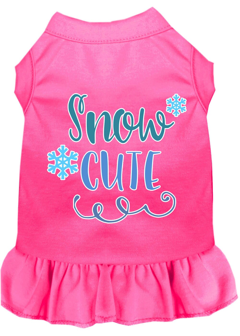 A cute dog wearing a 'Snow Cute' dress, showcasing a playful screen-printed design with vibrant colors, perfect for pets.
