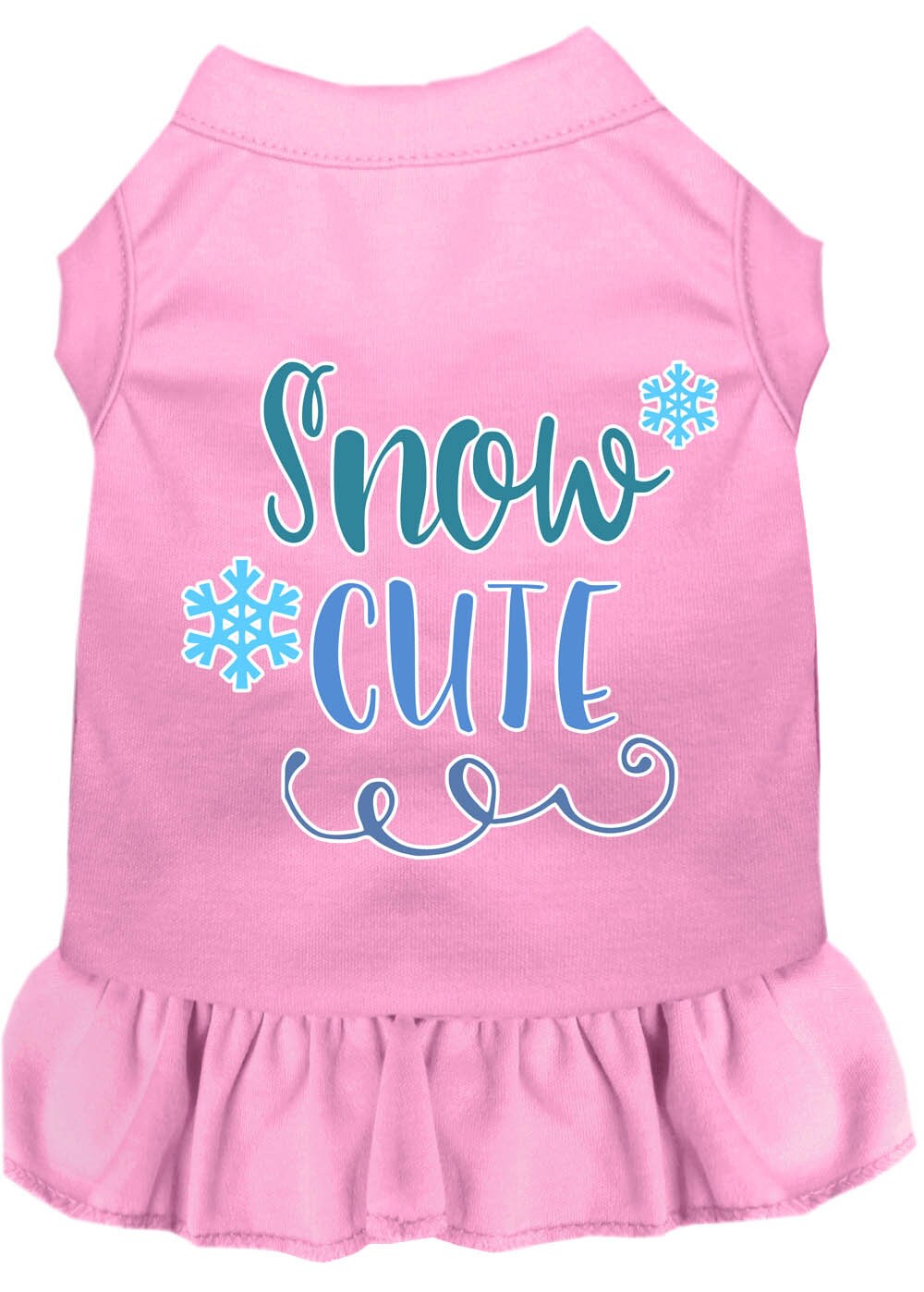 A cute dog wearing a 'Snow Cute' dress, showcasing a playful screen-printed design with vibrant colors, perfect for pets.