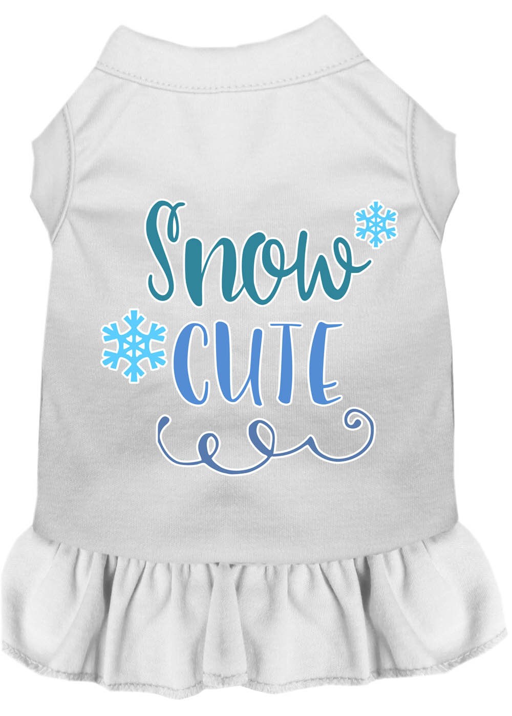 A cute dog wearing a 'Snow Cute' dress, showcasing a playful screen-printed design with vibrant colors, perfect for pets.