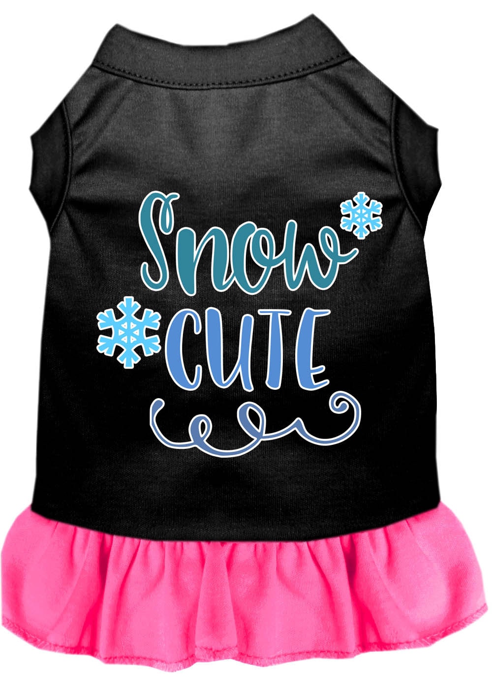 A cute dog wearing a 'Snow Cute' dress, showcasing a playful screen-printed design with vibrant colors, perfect for pets.