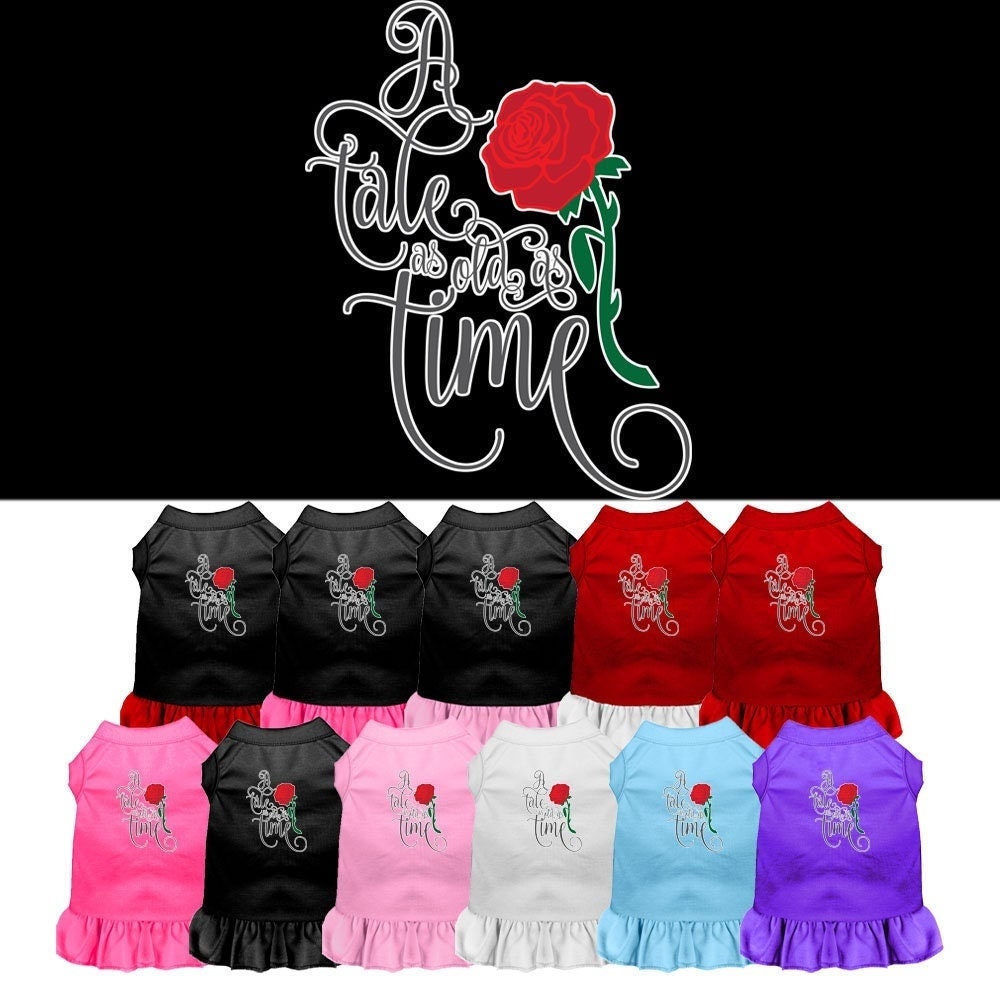 A cute dog wearing the 'Timeless Tale' dress, showcasing its soft fabric and stylish design.