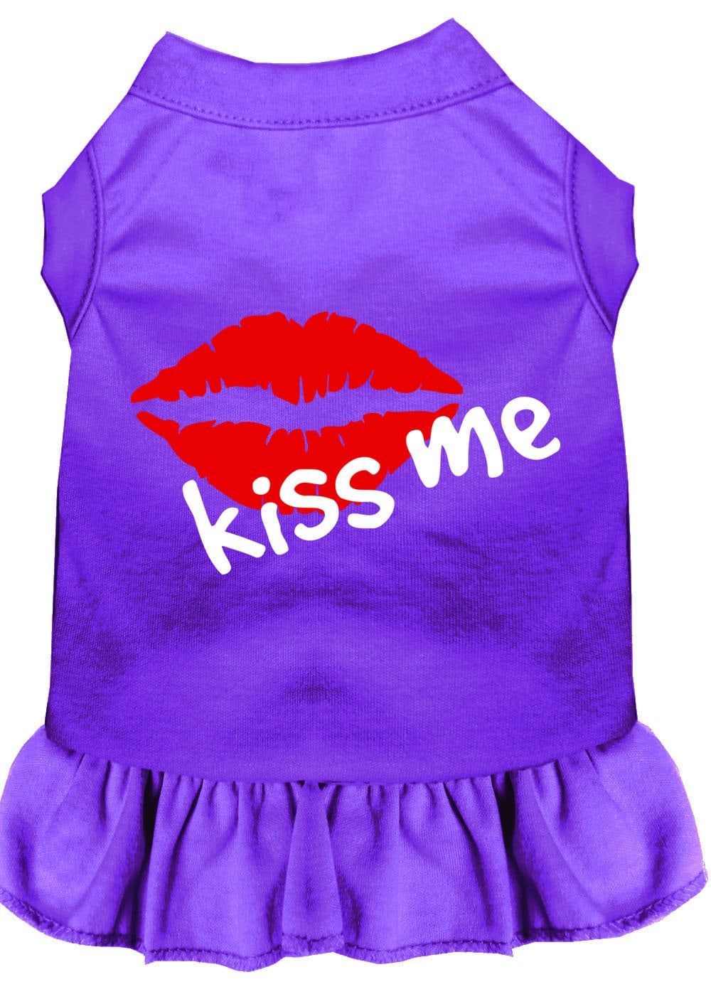 A cute dog wearing a 'Kiss Me' screen printed dress, showcasing a playful design and soft fabric.