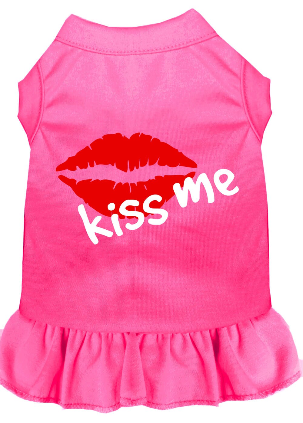 A cute dog wearing a 'Kiss Me' screen printed dress, showcasing a playful design and soft fabric.