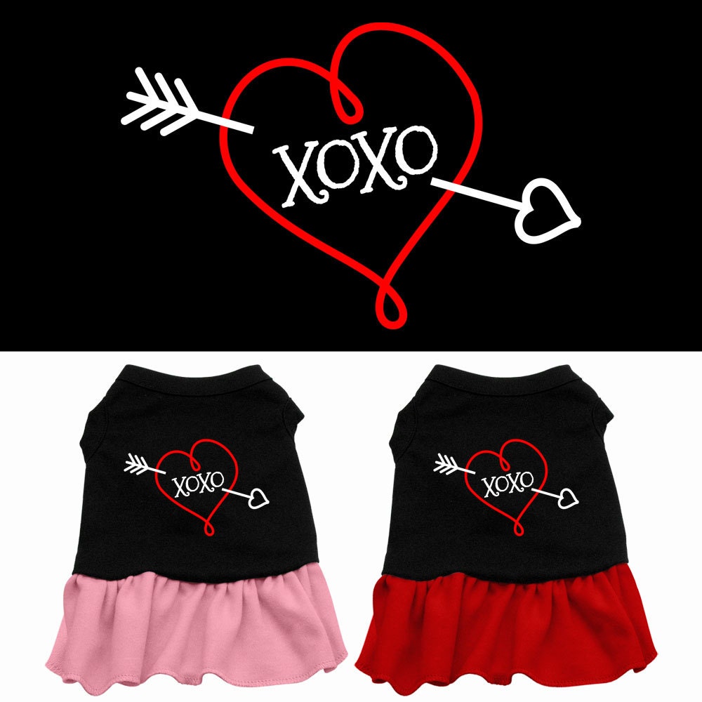 A cute dog wearing a soft, screen printed dress with 'XOXO' design, showcasing comfort and style.
