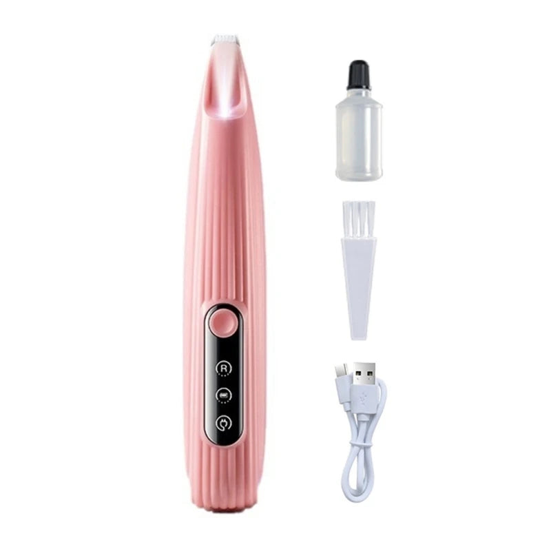 USB charging dog grooming trimmers in white and pink, designed for low noise and safe pet grooming.
