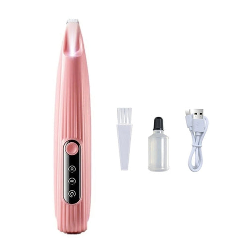 USB charging dog grooming trimmers in white and pink, designed for low noise and safe pet grooming.