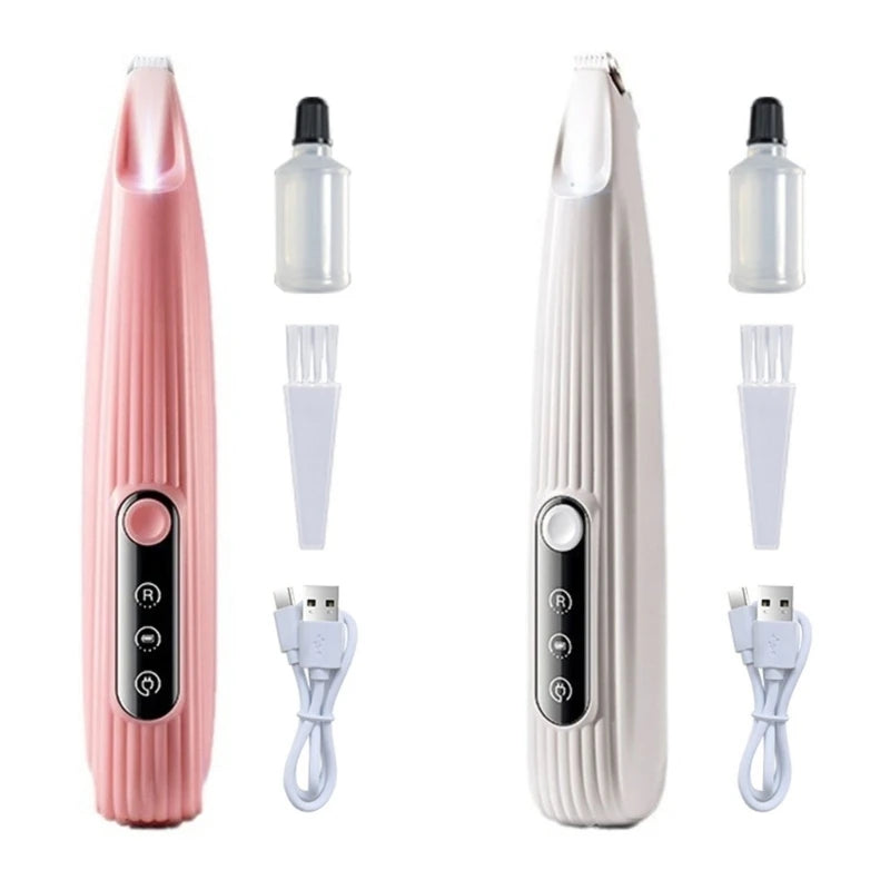 USB charging dog grooming trimmer in white and pink, designed for low noise and safe pet grooming.