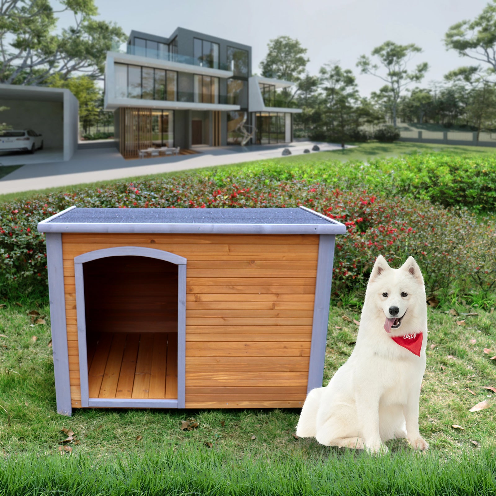 A spacious wooden dog house designed for outdoor and indoor use, featuring raised feet for insulation and weatherproof construction, suitable for large dogs.
