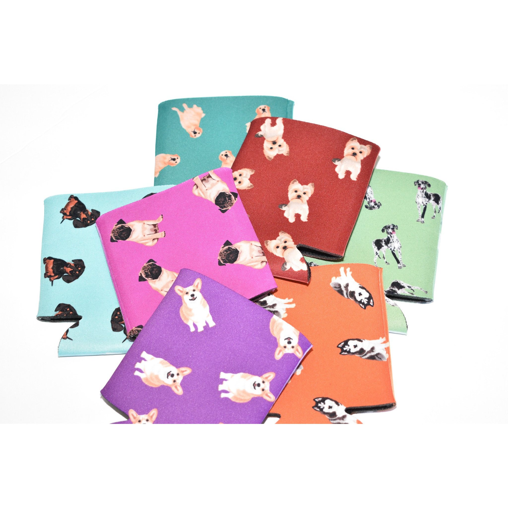 A colorful Dog Inspired Can Holder made of poly foam, designed to hold 12-16 oz. cans, featuring a playful dog-themed print.