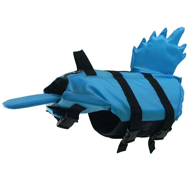 A vibrant shark-themed dog life vest designed for swimming, featuring adjustable straps and a sturdy handle for safety.