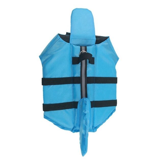 A vibrant shark-themed dog life vest designed for swimming, featuring adjustable straps and a sturdy handle for safety.
